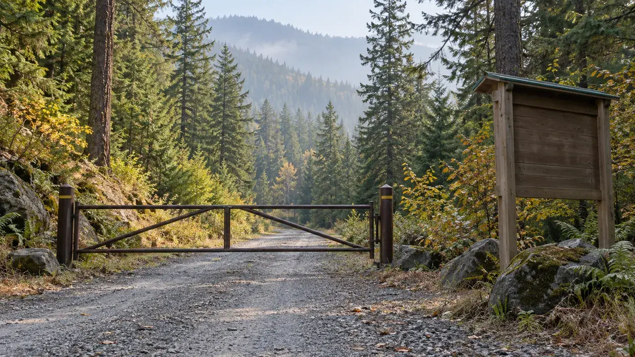Illustration of a closed gate on a Northwest forest access road; not a current closure or identifiable location