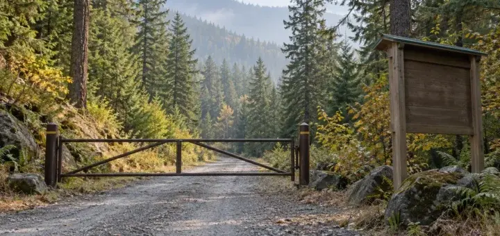 Illustration of a closed gate on a Northwest forest access road; not a current closure or identifiable location