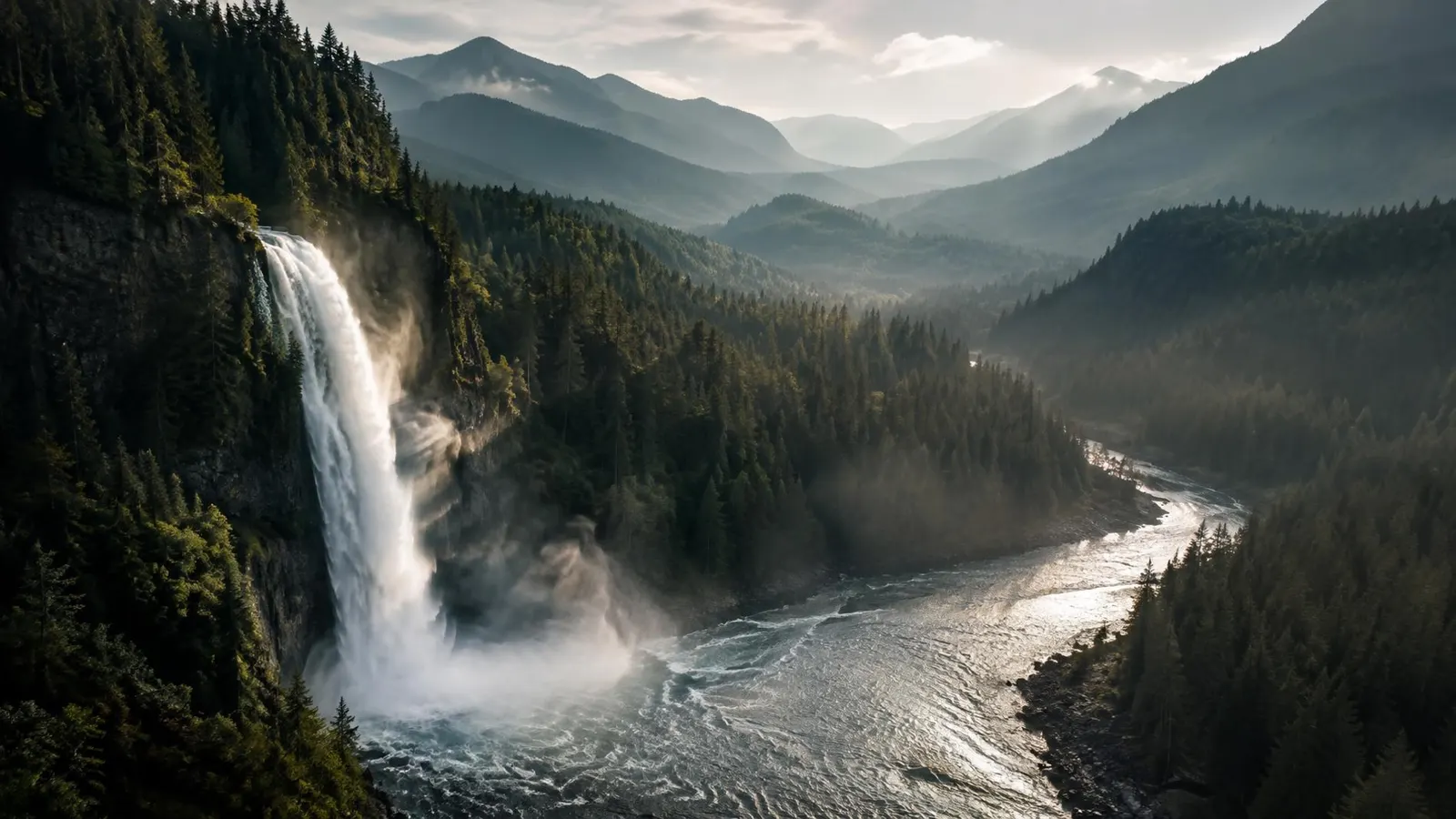 Pacific Northwest waterfall feeding a forested river valley below distant mountain ridges